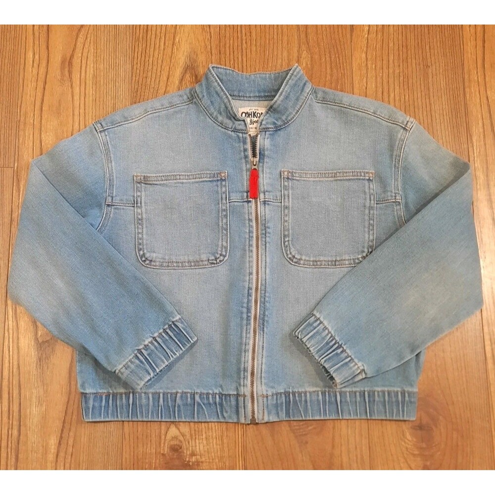 VTG OshKosh B'gosh Zip Up Denim Bomber Jacket Light Wash Kids Workwear Sz 12/12A